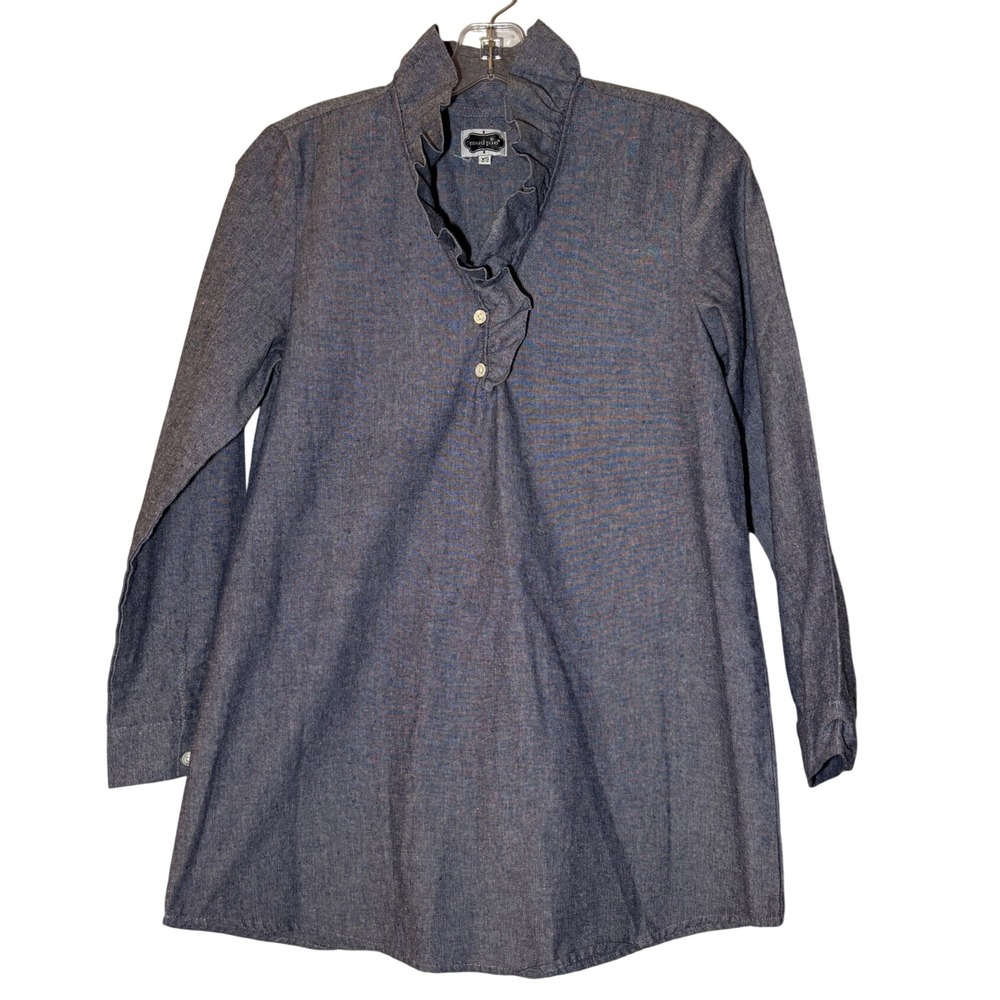 Mud Pie Tunic Top Women XS Blue Chambray Ruffle Collar Long Sleeve Button Front
